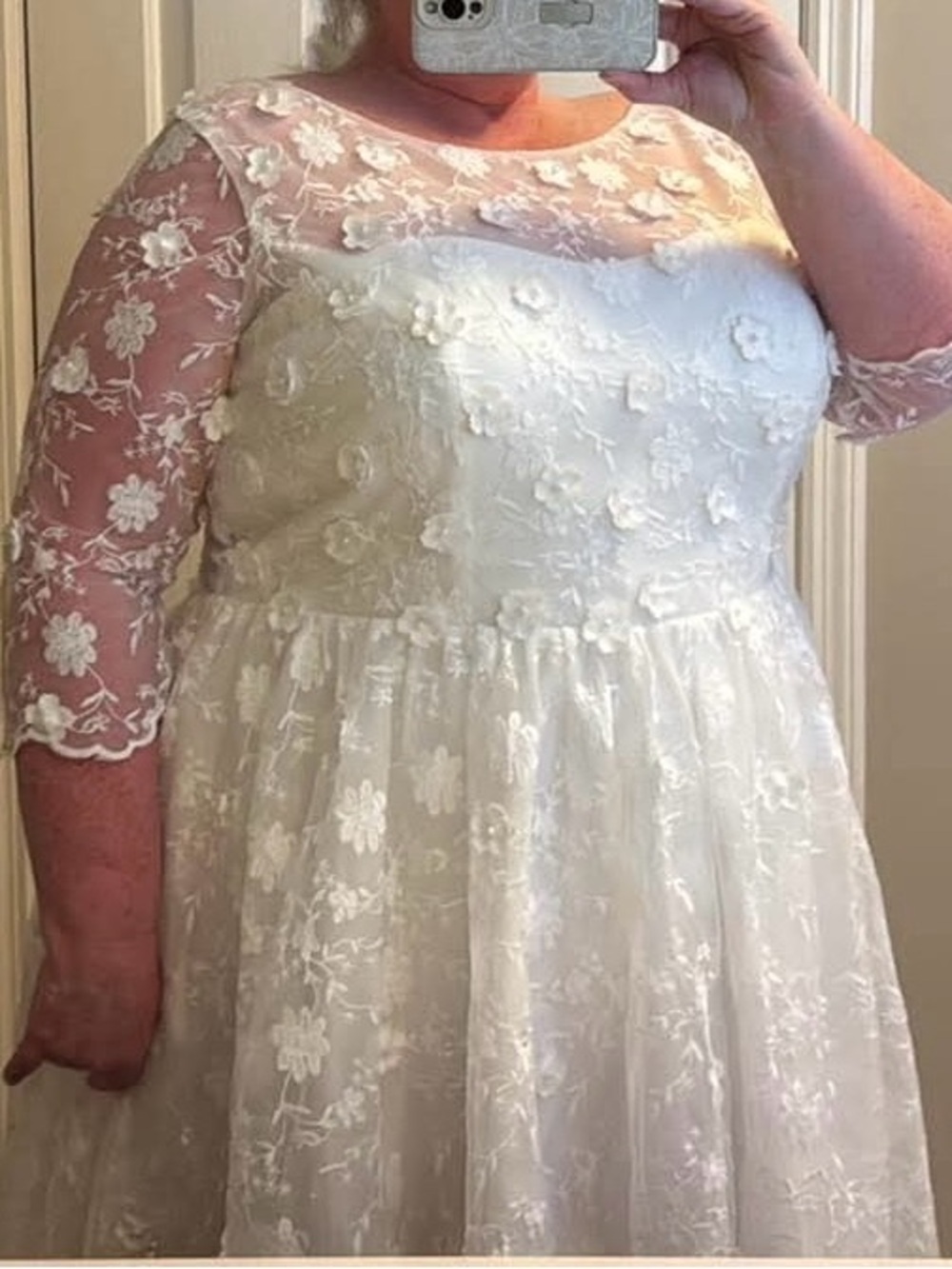 Elegant Soft White Lace A-Line Dress with Sheer Floral Sleeves and 3D Appliqués